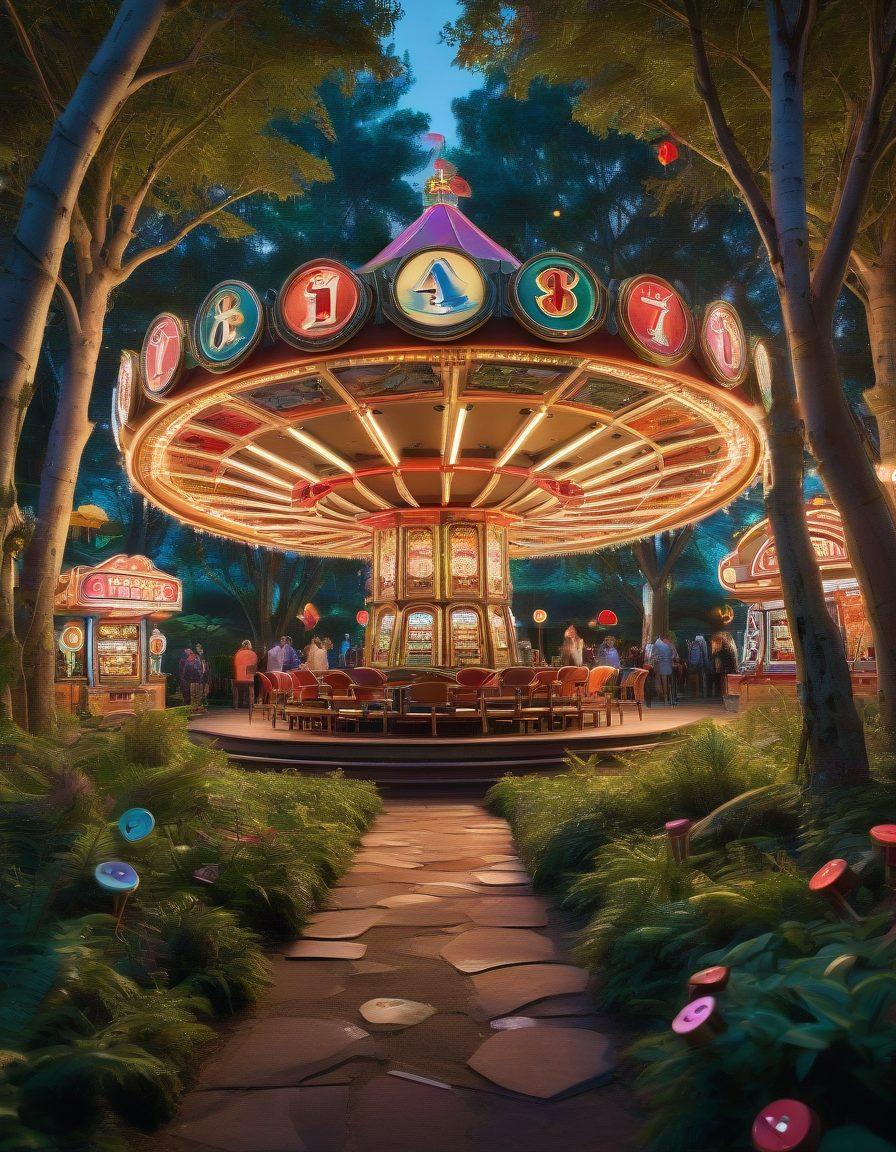 A whimsical casino landscape featuring vibrant, oversized playing cards and dice in a magical forest setting, with lush trees and twinkling fairy lights. Include a glowing roulette wheel and colorful slot machines inviting exploration. Bright, enchanting colors fill the scene to evoke a sense of adventure and wonder. surrealism. vibrant colors. high detail.