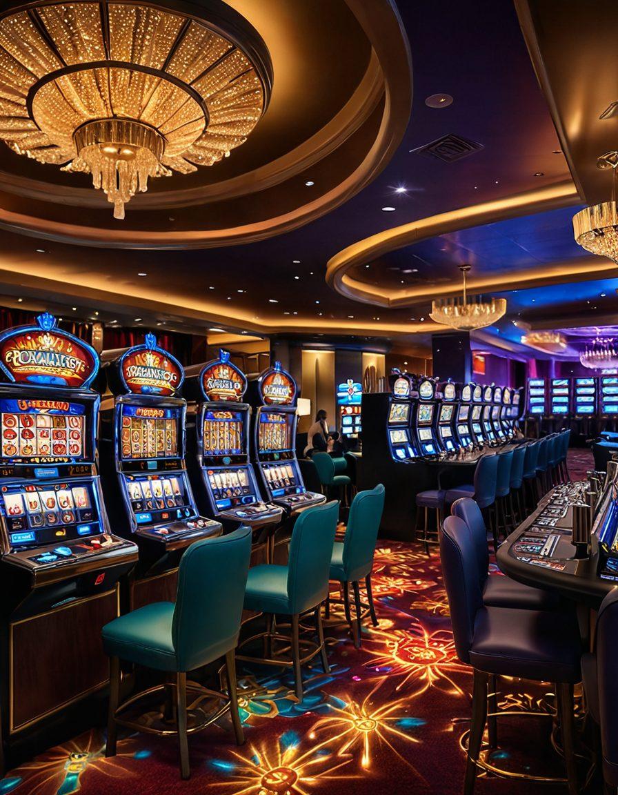 A vibrant and enchanting casino scene with colorful slot machines, sparkling lights, and a lively crowd engaged in gameplay. Include a magical atmosphere with shimmering fairy dust floating in the air, a roulette wheel glowing in the center, and luxurious, plush seating. Capture the excitement of players experiencing the thrill of winning against a backdrop of rich colors and glamorous decor. super-realistic. vibrant colors. 3D.