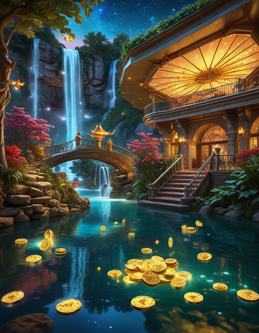 An enchanting casino landscape where magical creatures, like fairies and dragons, are playing various games alongside humans. Glittering lights sparkle around, enhancing the mystical atmosphere, with floating dice and glowing cards. A waterfall of gold coins cascades in the background, and a night sky filled with stars adds to the wonder. whimsical, vibrant colors, dreamlike, super-realistic.